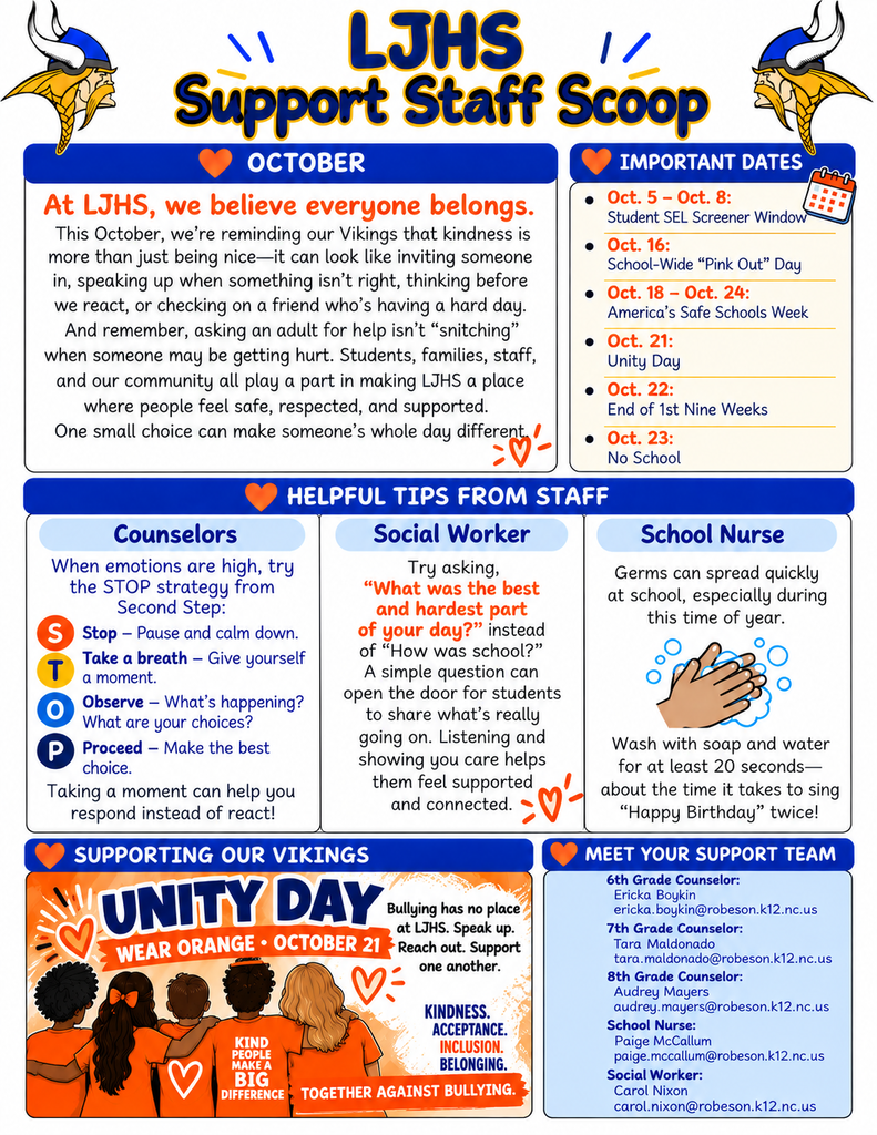 LJHS October Support Staff Scoop featuring important dates, staff wellness tips, support team contacts, and Unity Day on October 21 encouraging kindness, acceptance, inclusion, and belonging.