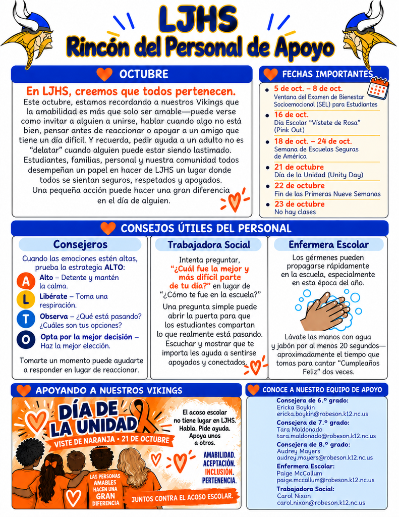 LJHS October Support Staff Scoop featuring important dates, staff wellness tips, support team contacts, and Unity Day on October 21 encouraging kindness, acceptance, inclusion, and belonging.