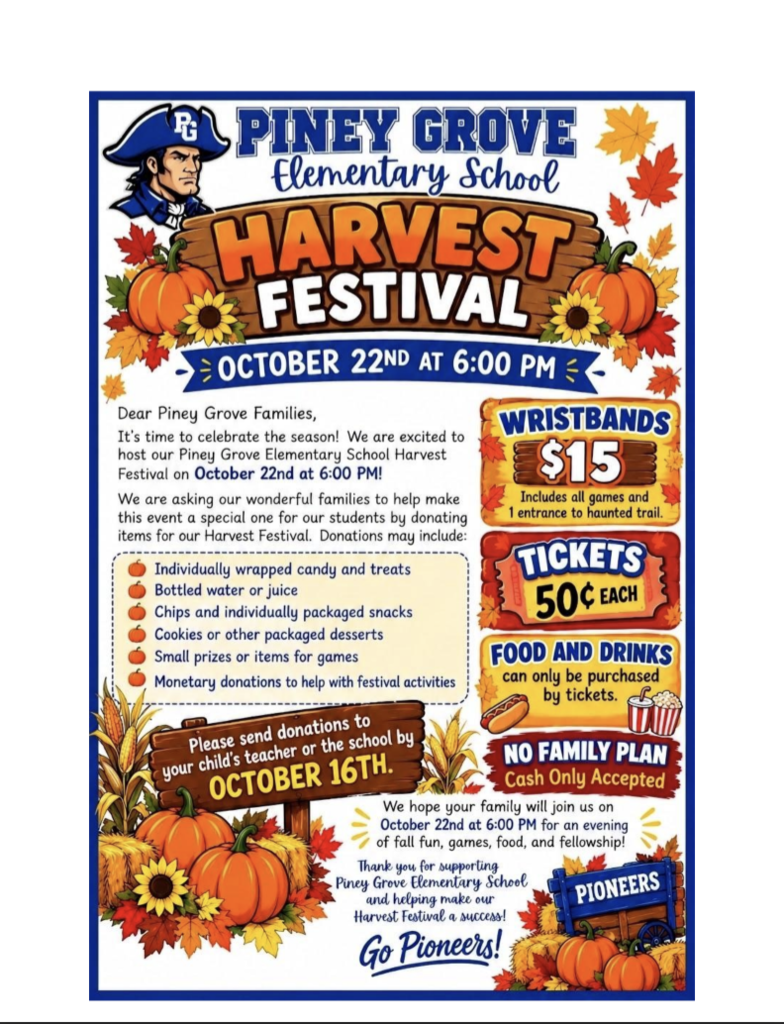 Piney Grove's Harvest Festival October 22nd at 6:00 pm