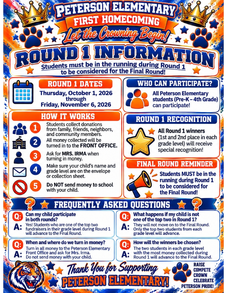 👑🐯 Peterson Elementary Homecoming is HERE! 🐯👑 Our first-ever Homecoming is bringing excitement, friendly competition, and plenty of Peterson Pride! 💙🧡 📢 Parents, please read the full post for important details about Round 1, participation, and recognition. Let’s make this Homecoming one to remember! 🎉