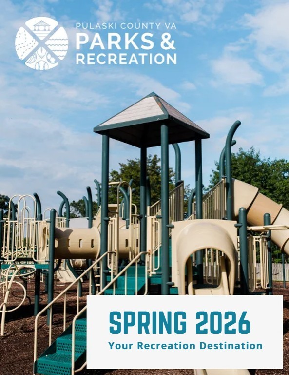 Promotional flyer for Pulaski County VA Parks & Recreation for Spring 2026. The background features a large, modern tan and green playground structure with slides and tunnels under a bright blue sky. The text reads 'Spring 2026 - Your Recreation Destination