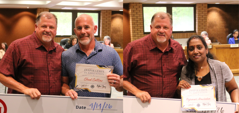 Two pictures side by side of two pepole. In both pictures the person on the right is holding an ispiration in education certificate.