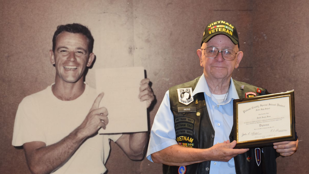 Two pictures side by side of Vietnam Veteran David Hoss. On the left, he is holding his orders to return home in 1969. On the right he is holding the Fuller High diploma he received in 2025.