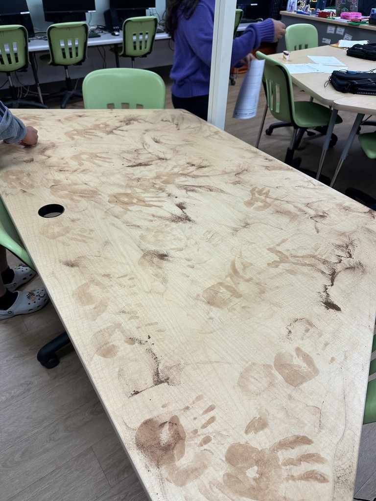 Image of the desk covered in handprints