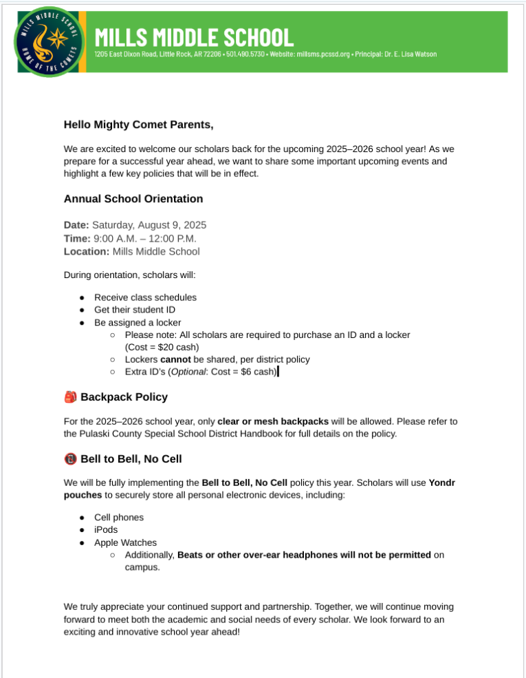 School Orientation Letter Reminder