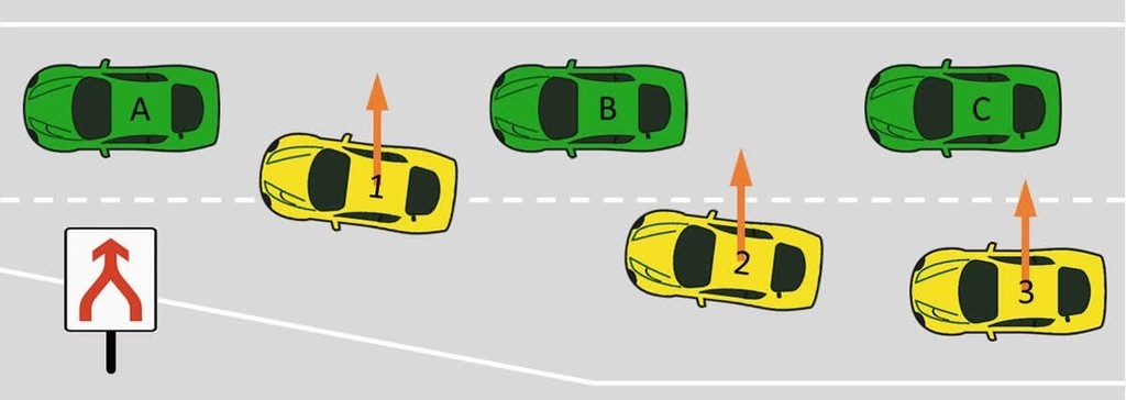 Cars converging to one lane.