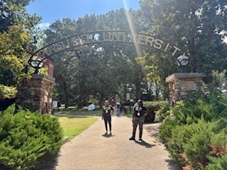 Students at Harding University on sidewalk