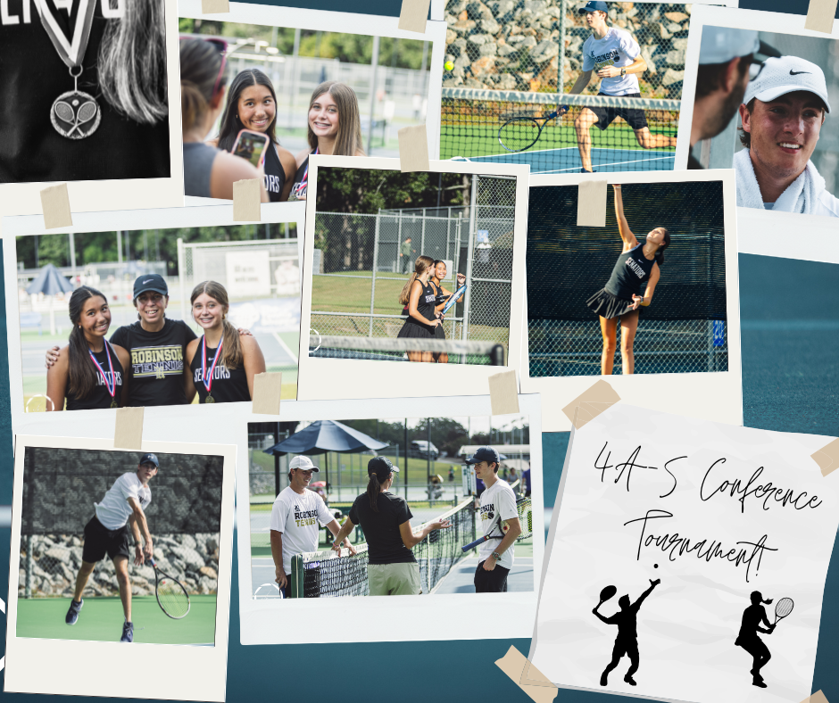 Collage of pictures showing Robinson High School tennis players participating in the 4A-5 conference tournament.