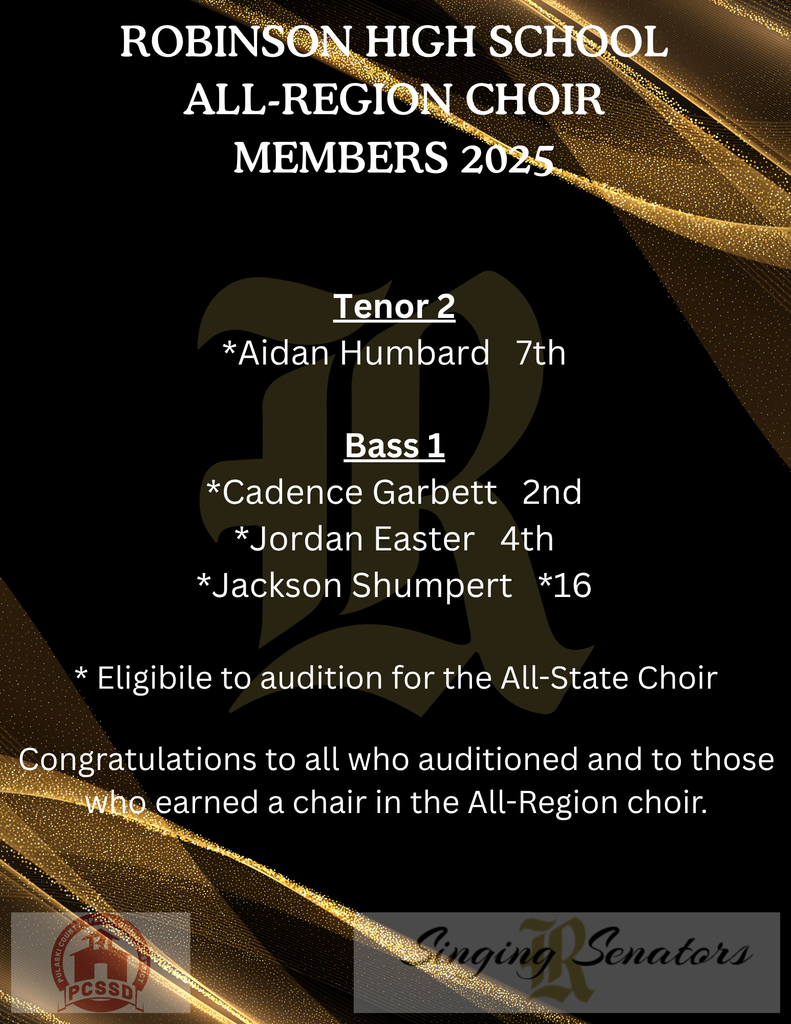 Robinson High School All-Region Choir Members 2025 roster, including Tenor 2 and Bass 1 choir parts.