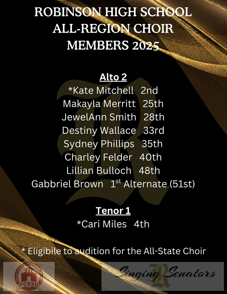 Robinson High School All-Region Choir Members 2025 roster, including Alto 2 and Tenor 1 choir parts.