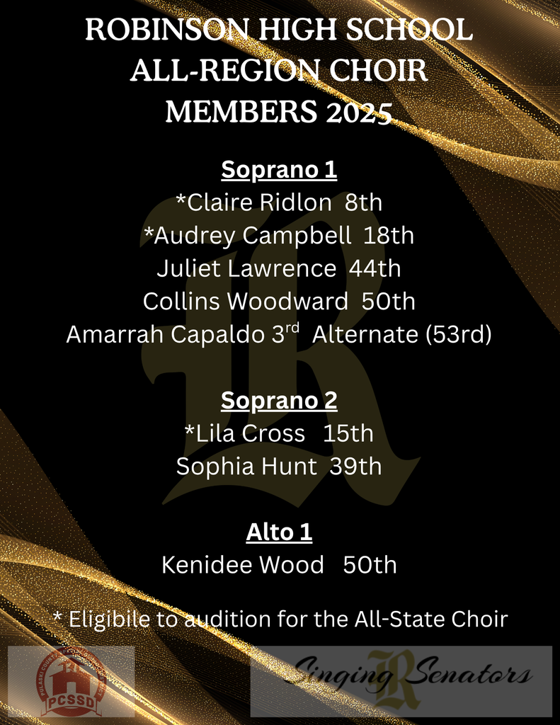 Robinson High School All-Region Choir Members 2025 roster, including Soprano 1, Soprano 2, and Alto 1 choir parts.