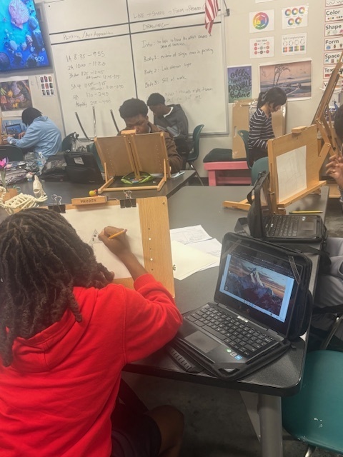 Students drawing in art class