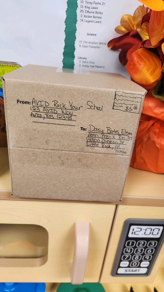A box delivered by Daisy Bates students pretending to be postal workers on AVID ROCK YOUR SCHOOL DAY