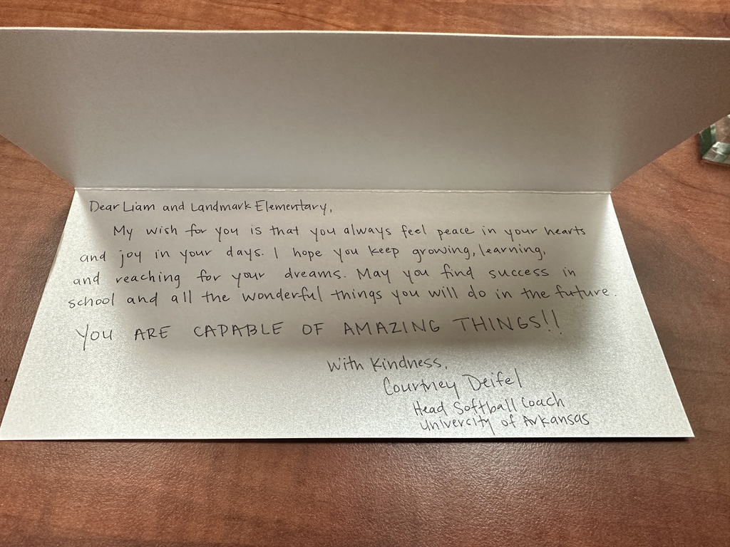 Arkansas Softball letter from Head Coach Courtney Deifel to Landmark Elementary