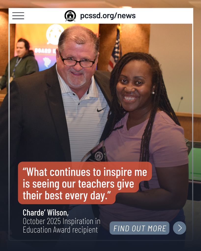 Two people, a man and a woman, smiling together. The woman is wearing a purple top and the man is wearing a striped shirt. The text on the image reads "What continues to inspire me is seeing our teachers give their best every day."