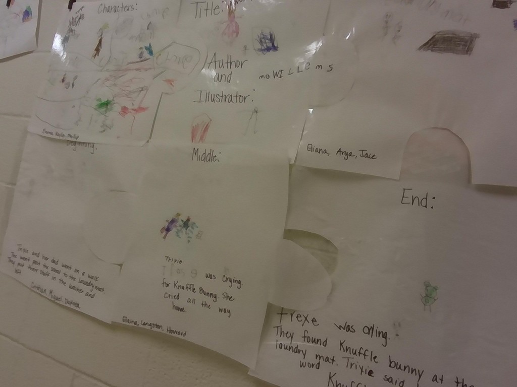 Handwritten notes and drawings on a whiteboard, including words like "beggining", "end", "middle", and a hand-drawn graphic.