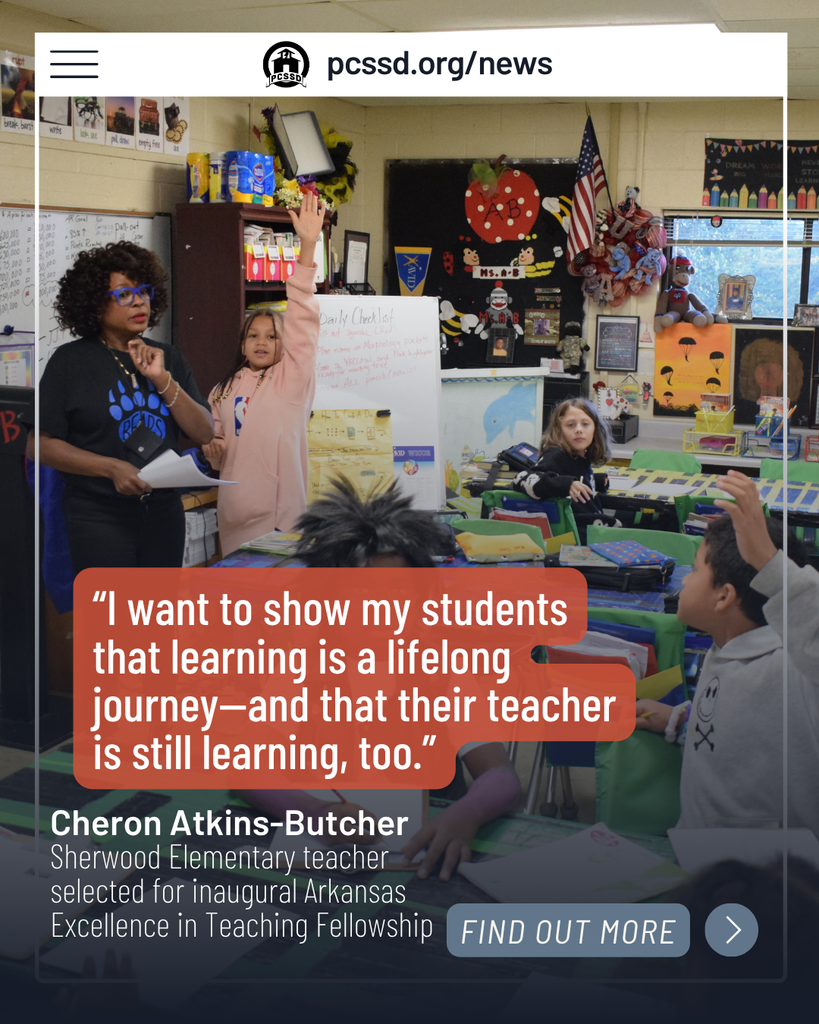 A cover photo for an artile showing a classroom scene with a teacher and students. Shelves, decorations, and American flag. Text on image: "I want to show my students that learning is a lifelong journey—and that their teacher is still learning, too."
