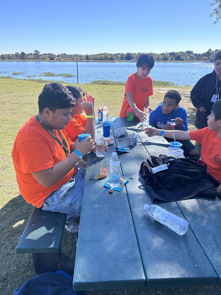 Picture of Mills Middle School AVID scholars eating lunch at picnic table at Lake Willastein