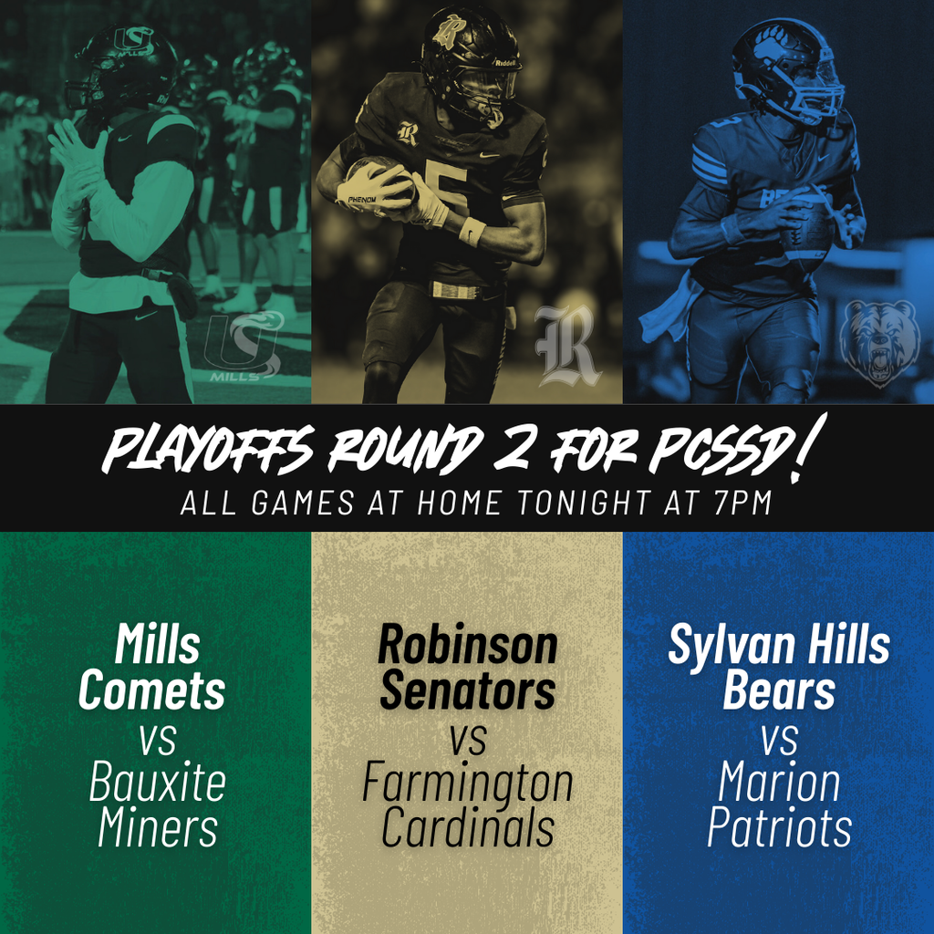 A poster for playoff round 2 highlighting the games being played by the Mills Comets, Robinson Senators, and Sylvan HillsBears
