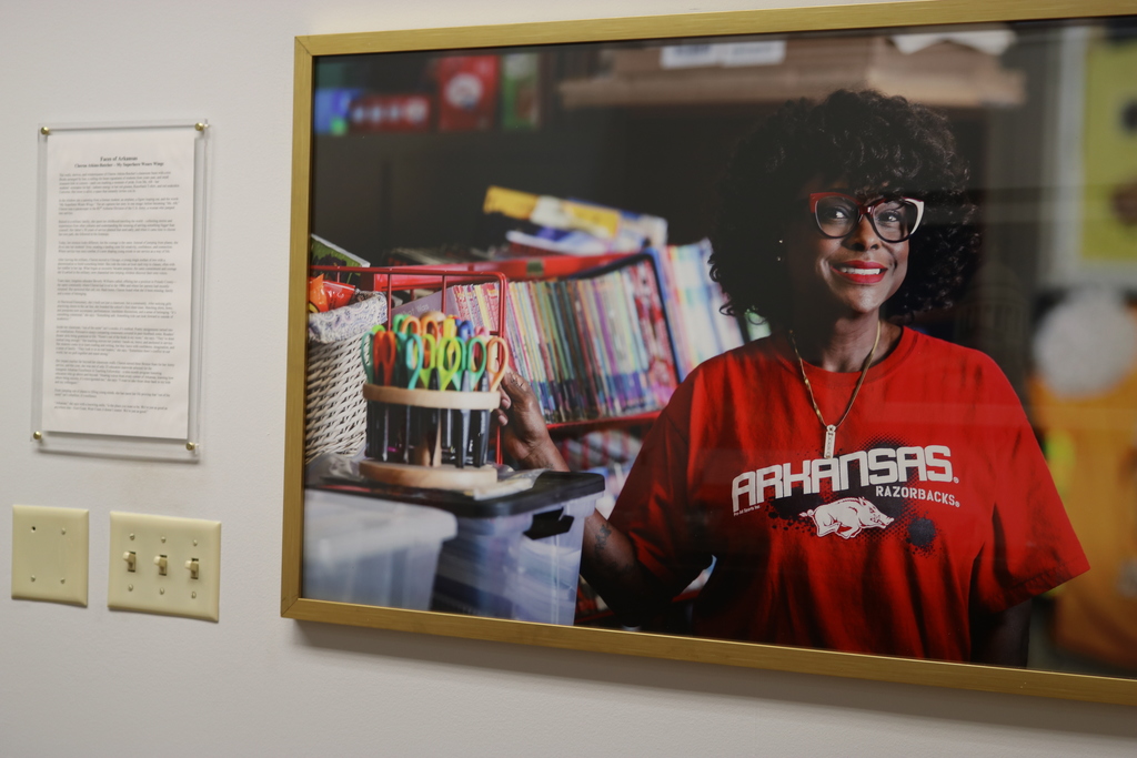 The interior of Governor of Arkansas' office at the Arkansas State Capitol. On the wall is a picture of MS. AB, a teacher at Sherwood Elementary