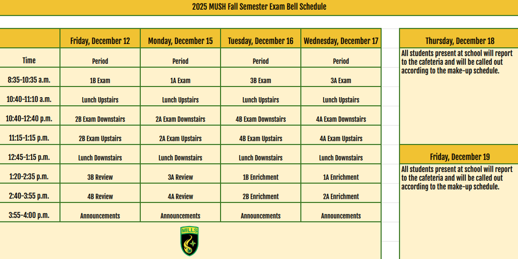 Schedule for Fall 2025 Semester Tests