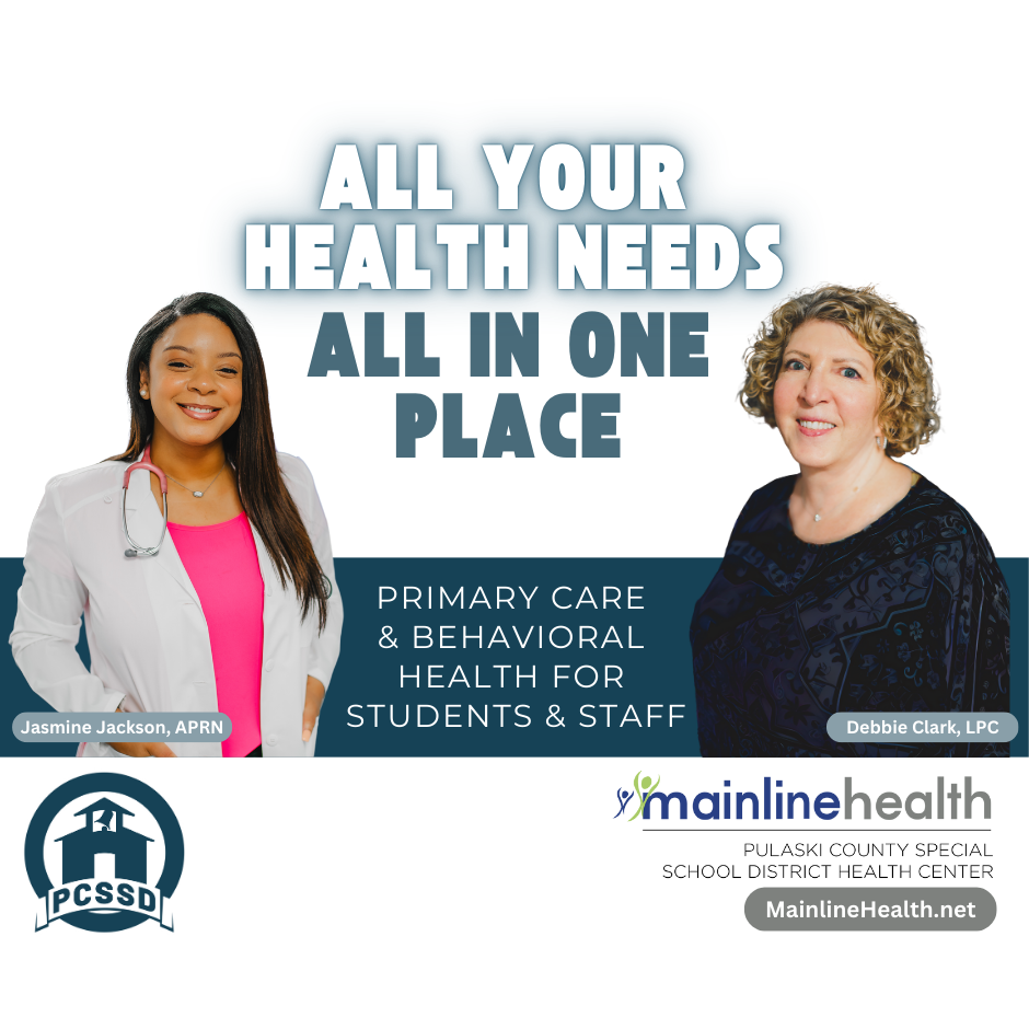 Promotional graphic for the PCSSD Health Center in partnership with Mainline Health. Features two healthcare professionals: Jasmine Jackson, APRN, in a white coat with a stethoscope, and Debbie Clark, LPC, in a patterned top. The central message reads “All Your Health Needs All in One Place,” with a subheading “Primary Care & Behavioral Health for Students & Staff.” Logos for PCSSD and Mainline Health appear at the bottom alongside the website MainlineHealth.net..