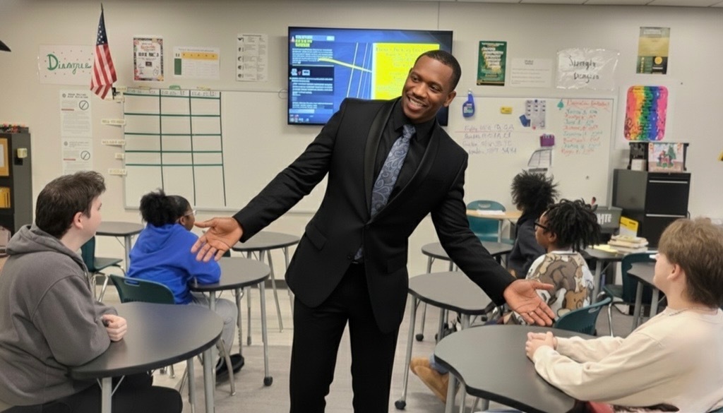 Guest speaker talking to students in classroom