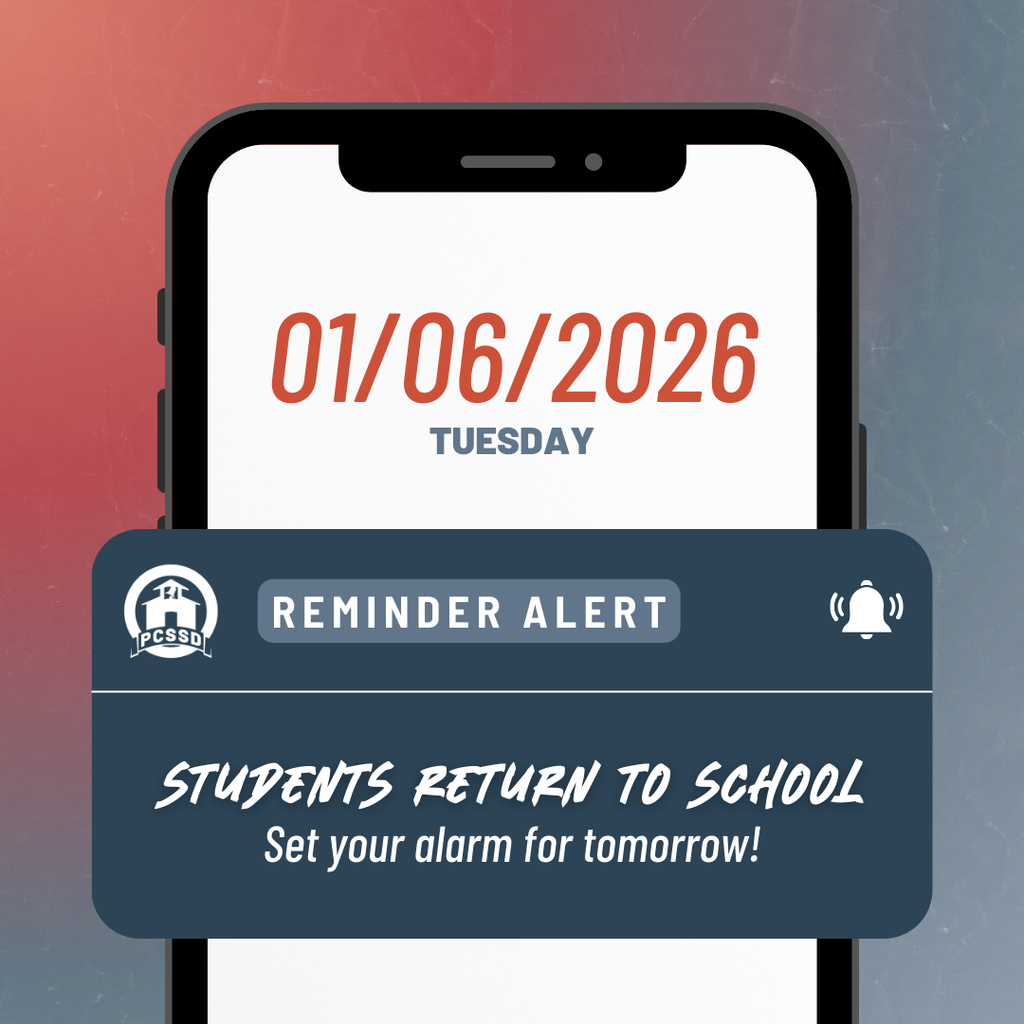 Phone alert illustration reads "Reminder alert: Students return to school. Set your alarm for tomorrow" with the date Tuesday, January 6, 2026.
