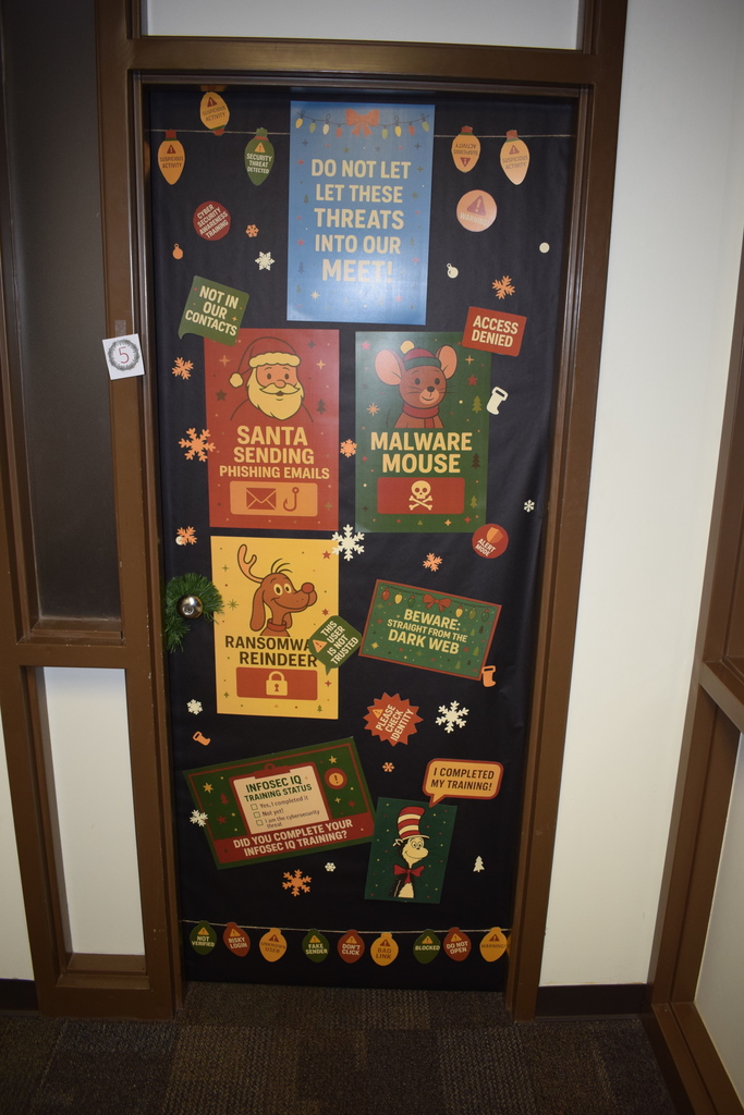 Holiday door decorated as a Google Meet security theme