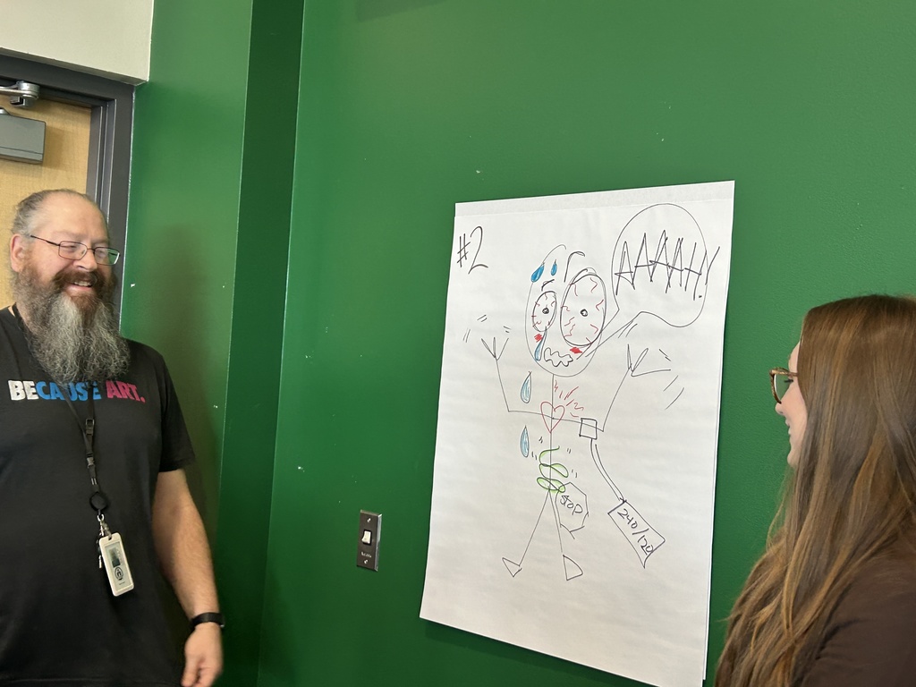 Two teachers smiling at their poster of a person with strong emotions. It is number 2. The person is saying aaaah and stop