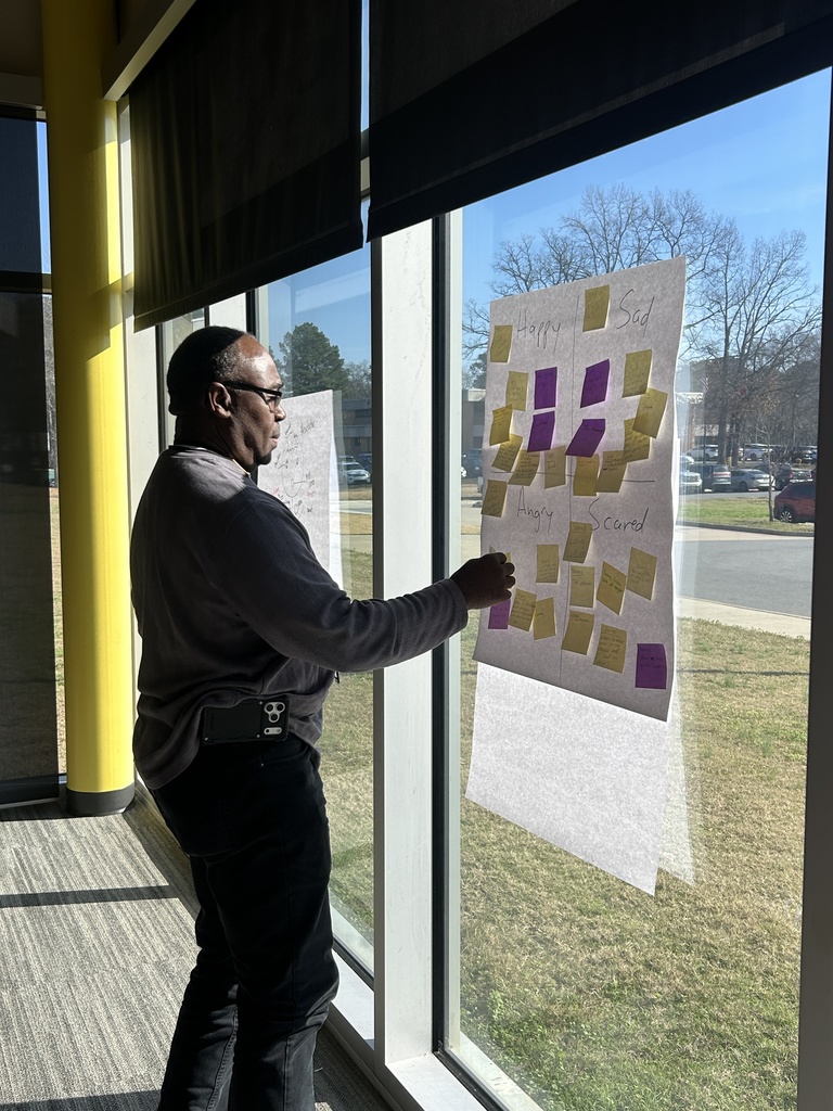 A paper with post it notes with sections for happy, sad, angry and scared. One man is posting on it.