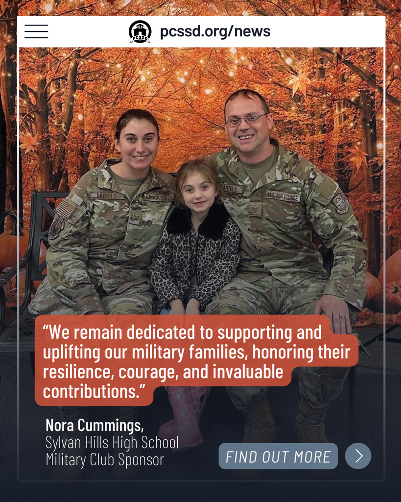    Three people sit together in front of a warm, autumn-themed backdrop with string lights and fall leaves. Two adults wear military uniforms, and a child in a leopard print coat sits between them, smiling. The image highlights PCSSD’s support for military families, featuring a quote from Sylvan Hills High School Military Club Sponsor Nora Cummings: “We remain dedicated to supporting and uplifting our military families, honoring their resilience, courage, and invaluable contributions.”