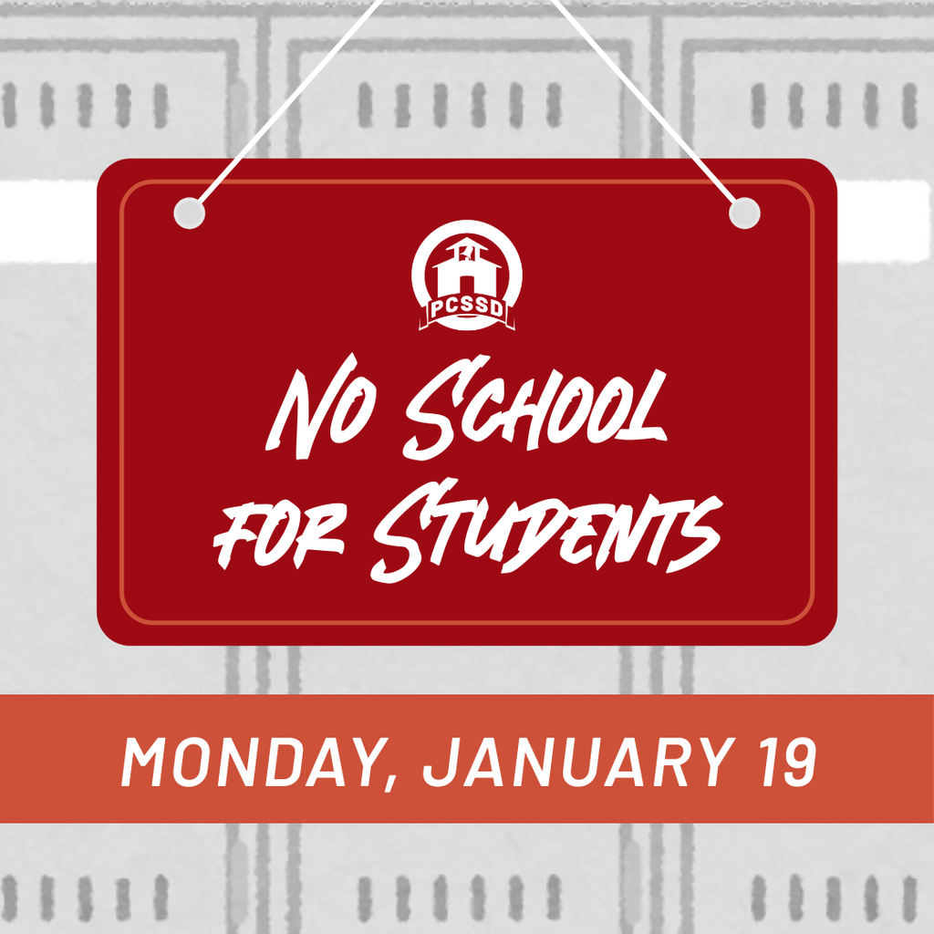 Illustration of a sign saying No School for Students and a banner saying Monday, January 19.