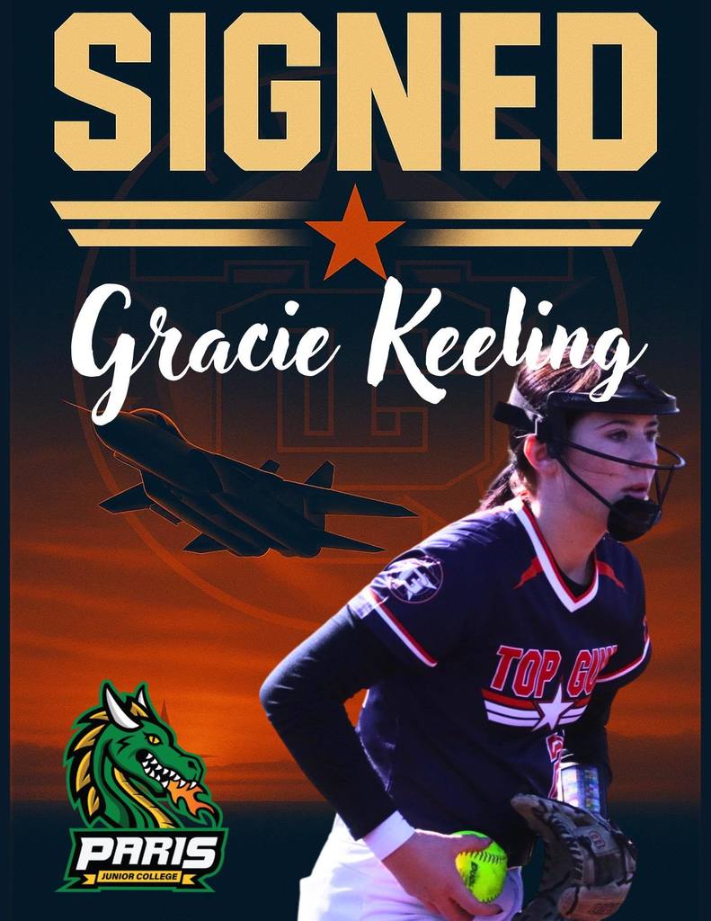 A poster that says "SIGNED Gracie Keeling Paris Junior College" Gracie appears in softball pitching attire, a photo from a game.