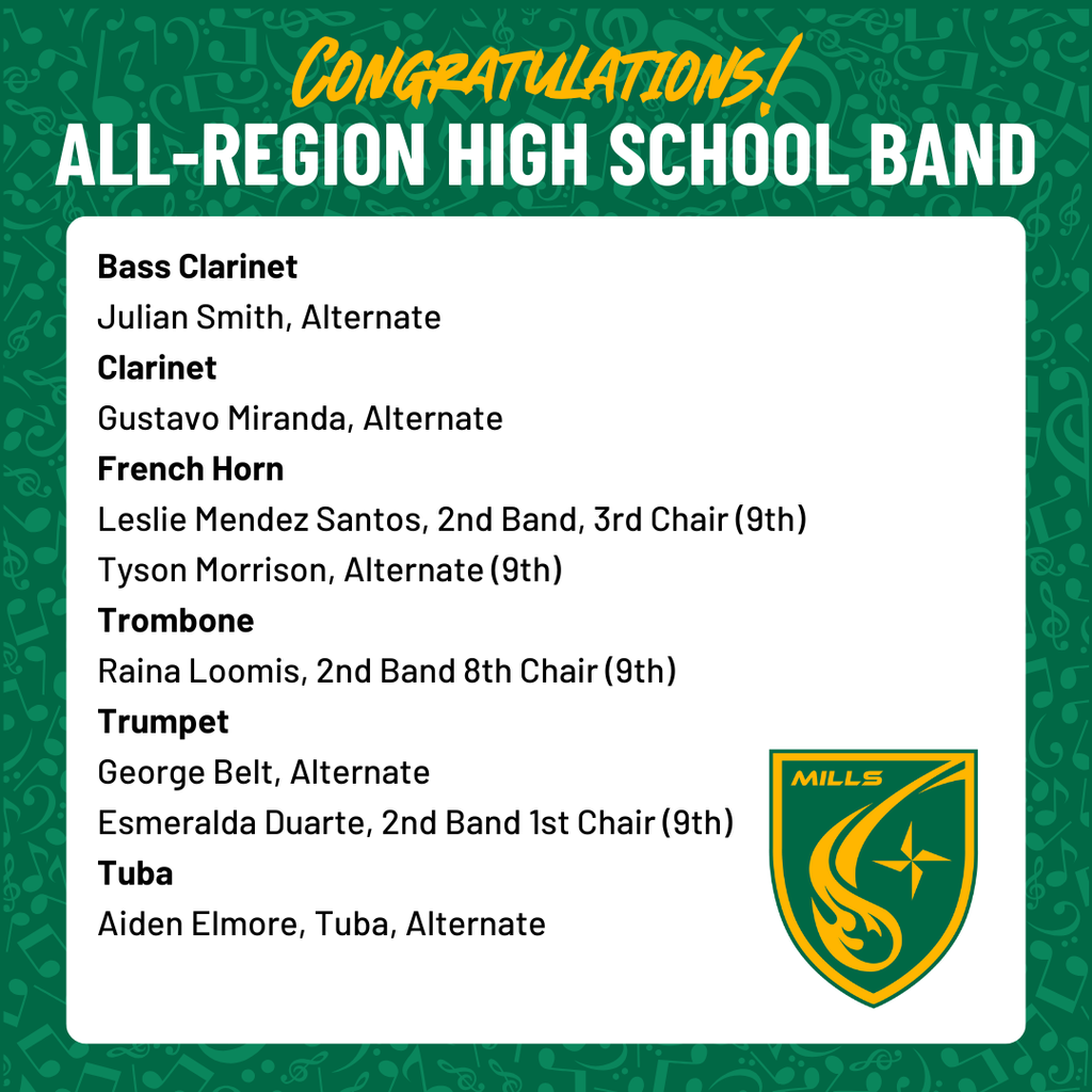 An announcement for all region band members from Mills High School