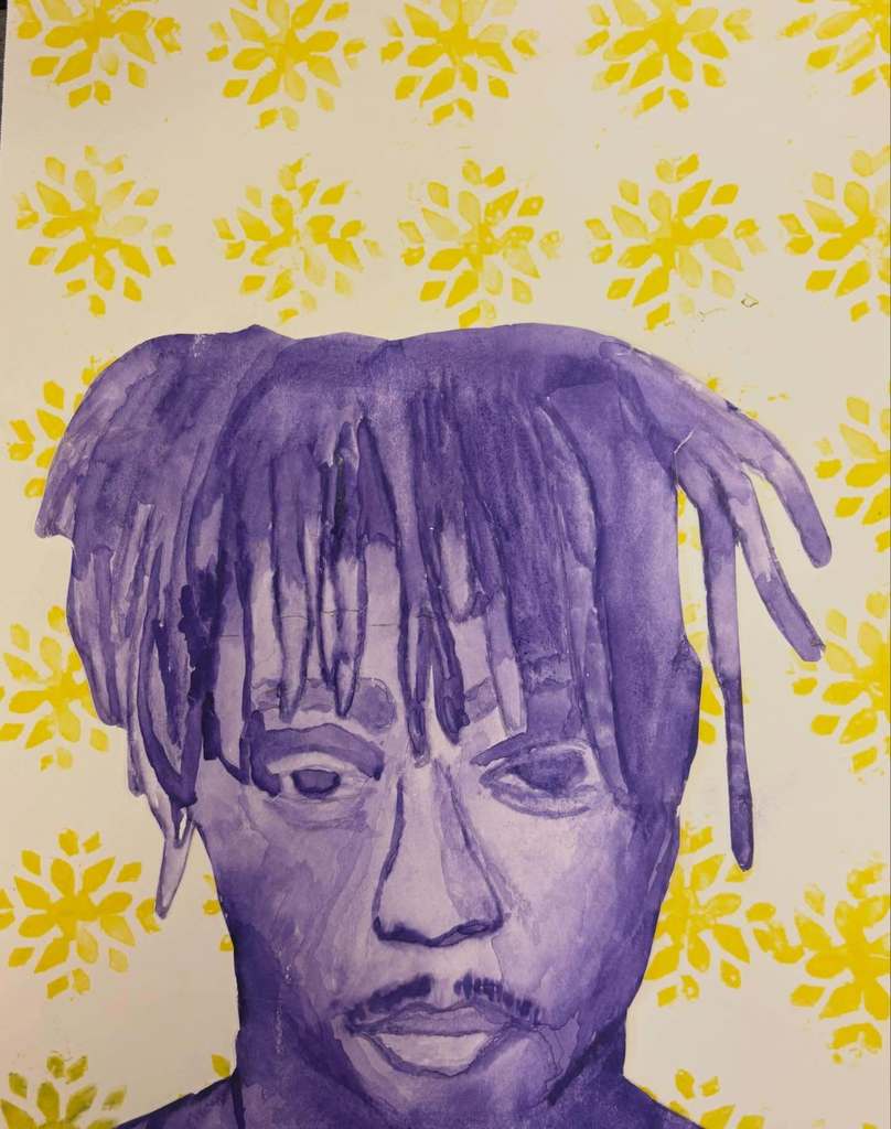 A watercolor of a celebrity painted in purple
