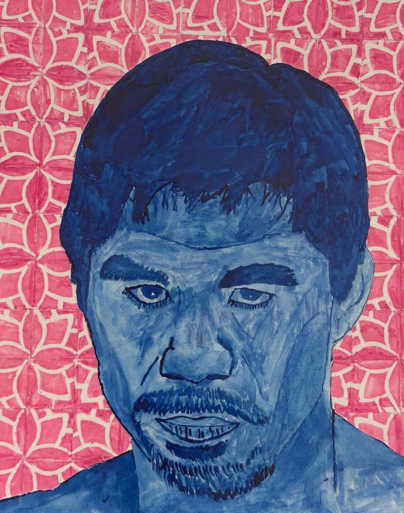 A watercolor of a celebrity painted in blue