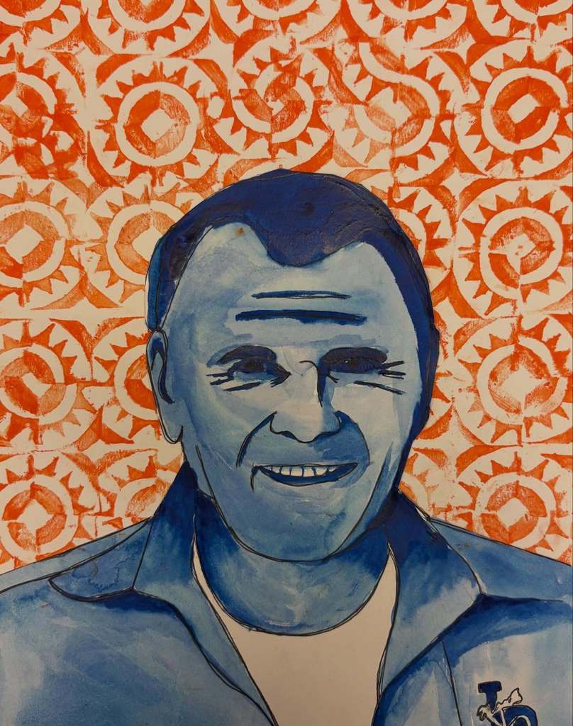 A watercolor of a celebrity painted in blue
