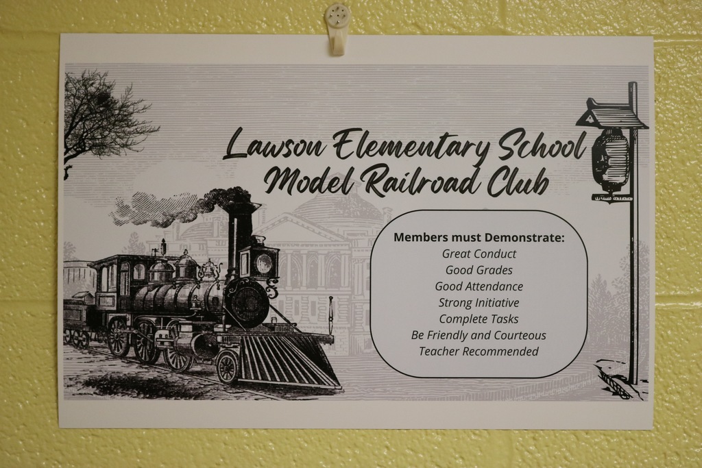 Lawson Elementary School Model Railroad Club club poster that lists what members must demonstrate