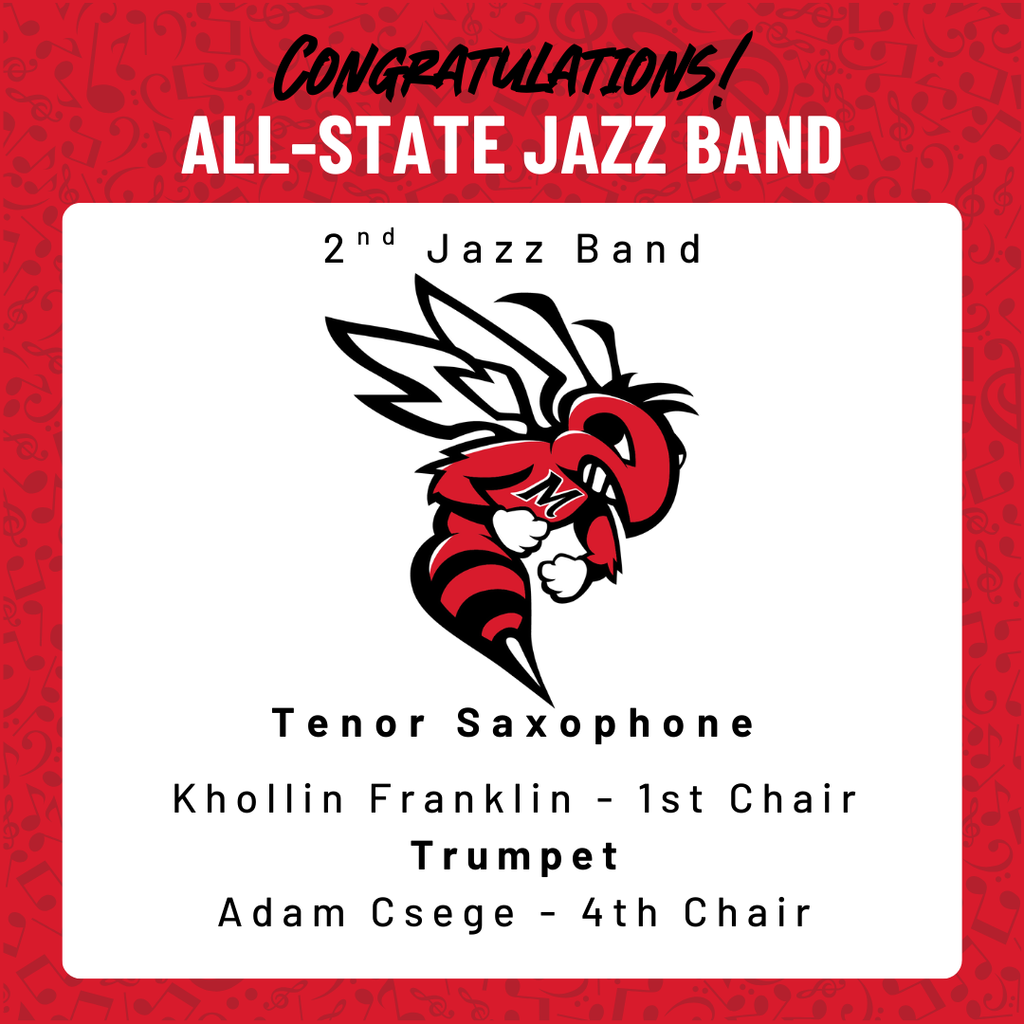 A red graphic announces “Congratulations! All‑State Jazz Band” at the top. A large hornet mascot wearing an “M” shirt is centered above the student names. Below it, the 2nd Jazz Band selections are listed: Khollin Franklin, Tenor Saxophone, 1st Chair, and Adam Csege, Trumpet, 4th Chair. Musical notes decorate the background.