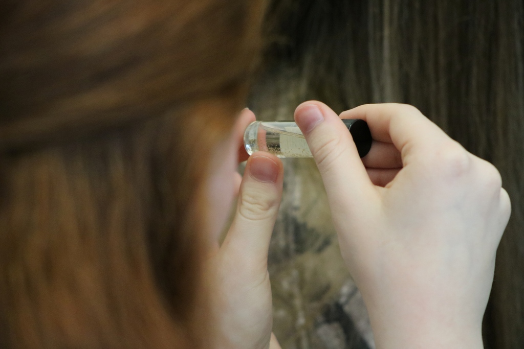 Joe T. Robinson High School Health Science Pathway student is holding a vial of tick larva in her hands