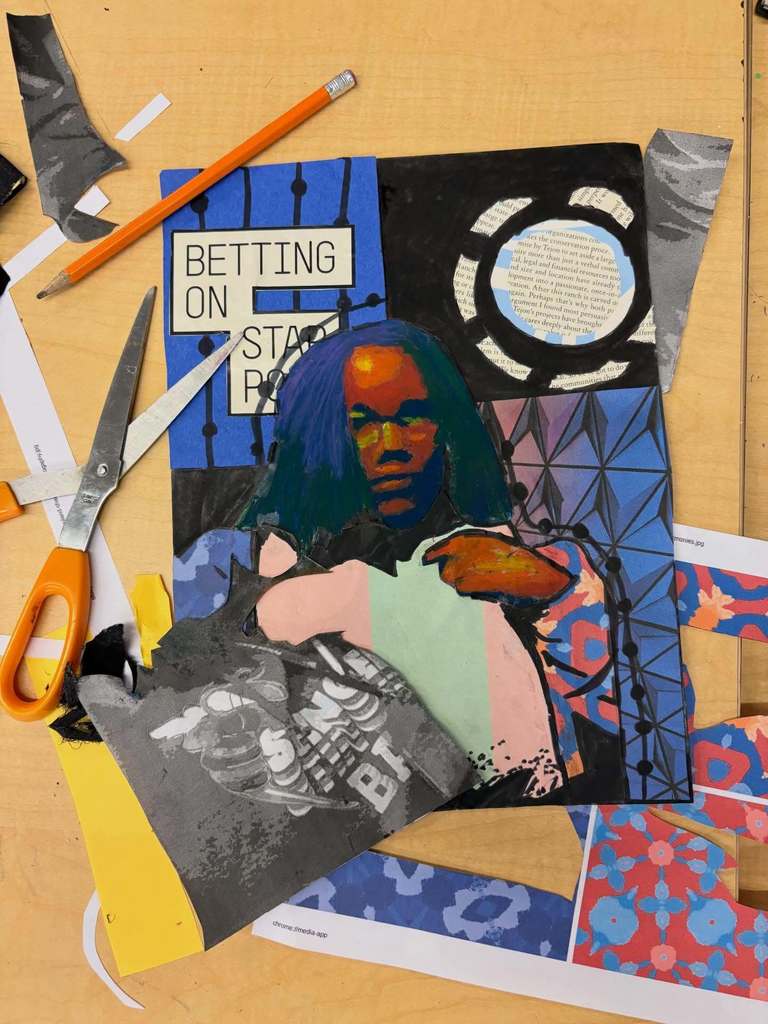 A Bisa Butler inspired portrait of a Maumelle High School student. It is surrounded by supllies like tape, scissors, a pencil, and scrap paper. Some text says "BETTING ON START R"