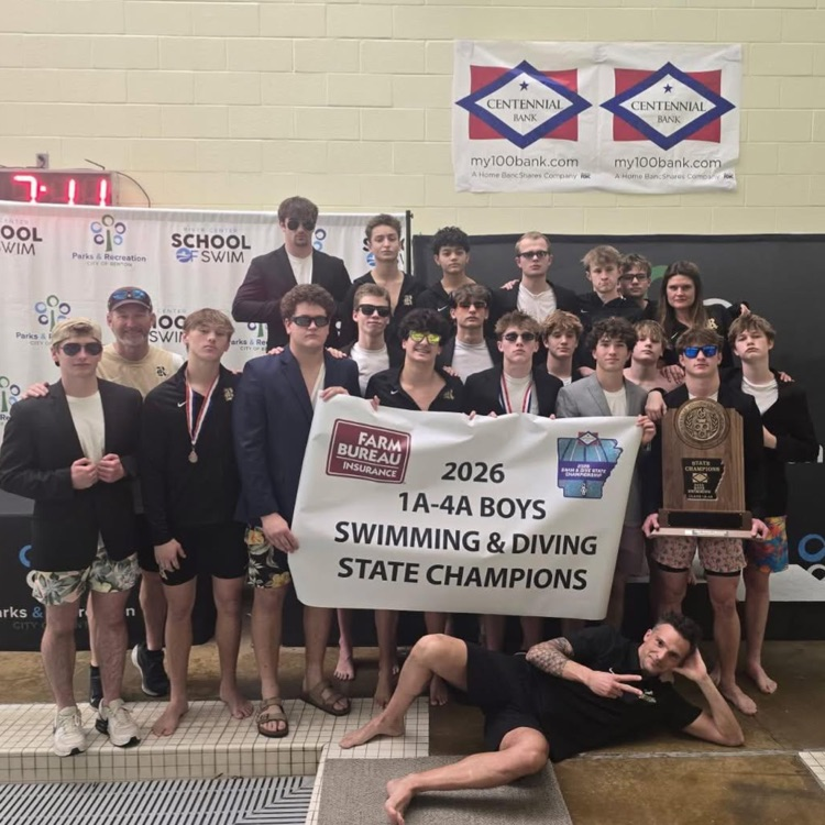 Robinson Boys Swim Team posing with coaches, athletic director, and state championship trophy. 