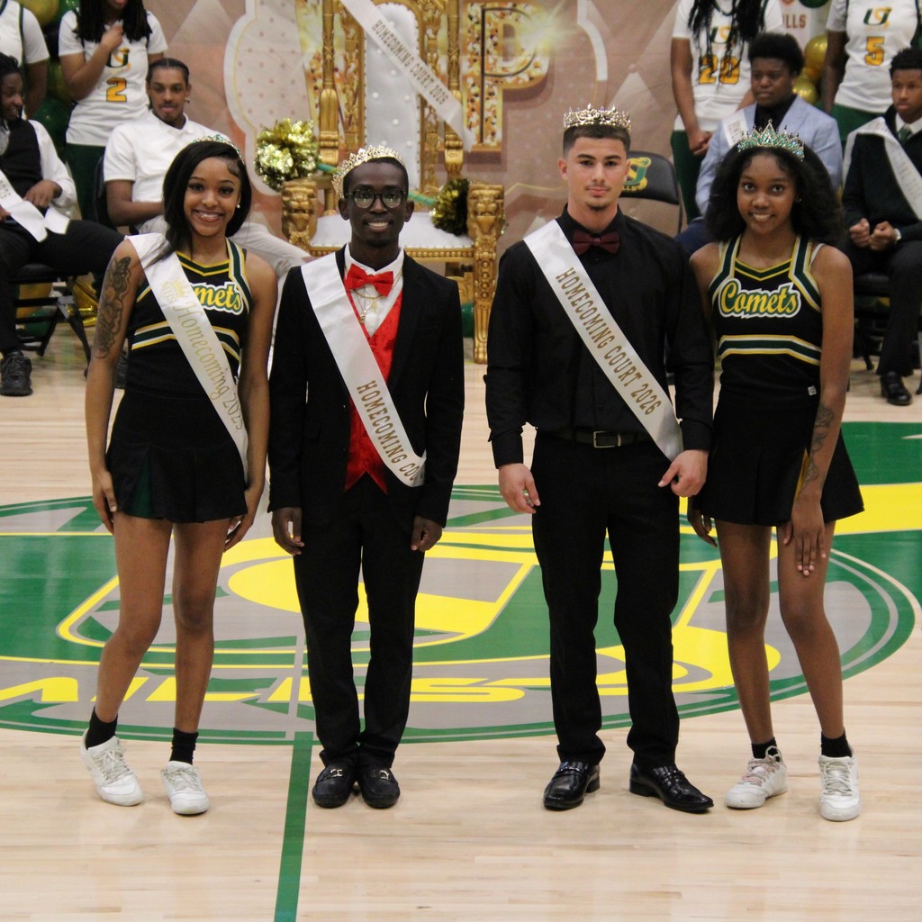 Homecoming Court 2026 of four standing side by side. All are wearing sashes