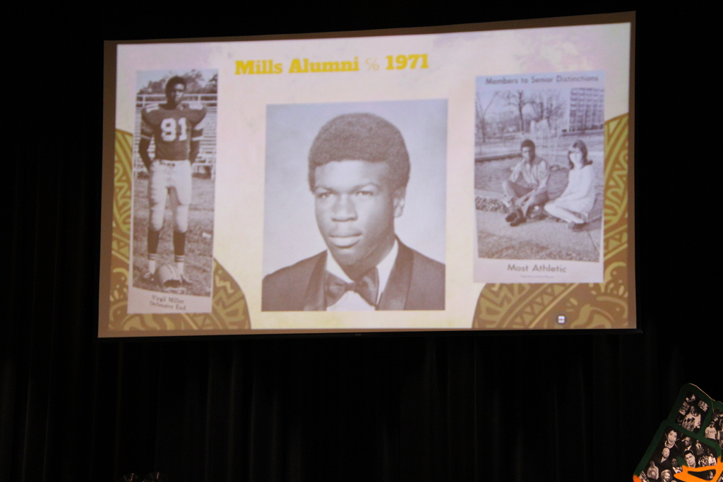 a projector slide shoing Mills Alumni from 1971 , Virgil Miller