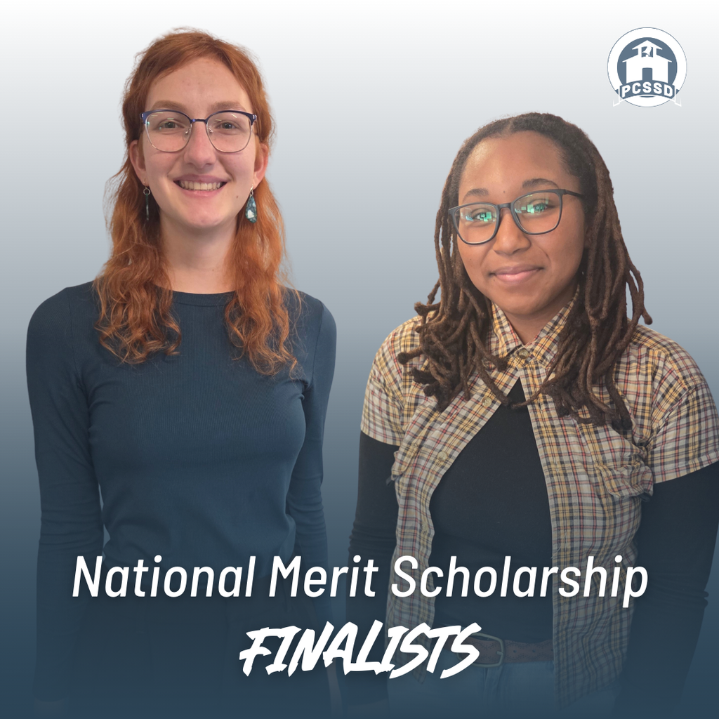 A celebratory graphic featuring two female students from the Pulaski County Special School District (PCSSD) who have been named 2025 National Merit Scholarship Finalists. On the left, a student with long red hair and glasses wears a teal shirt. On the right, a student with locs and glasses wears a plaid shirt over a black top. They are both smiling against a blue gradient background. The PCSSD logo is in the top right, and bold white text at the bottom reads "National Merit Scholarship FINALISTS."