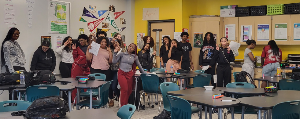 Students in large group in classroom