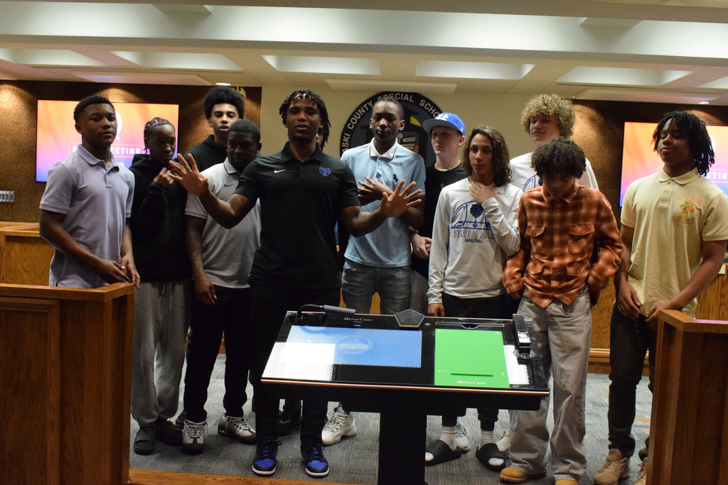 Sylvan Hills Jr. High Basketball team at the PCSSD board meeting