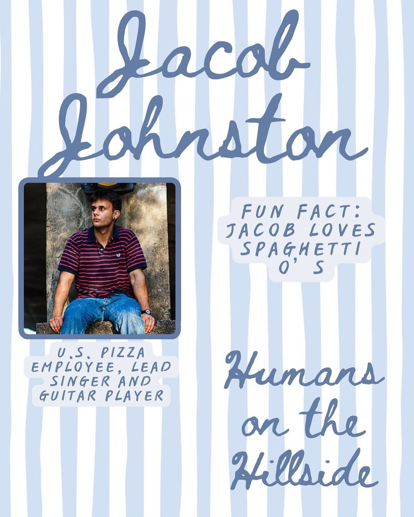 A “Humans on the Hillside” profile graphic featuring Jacob Johnston. Jacob is sitting against a textured wall wearing a striped polo shirt and jeans. Text notes that he loves SpaghettiOs and lists roles including U.S. Pizza employee, lead singer, and guitar player.