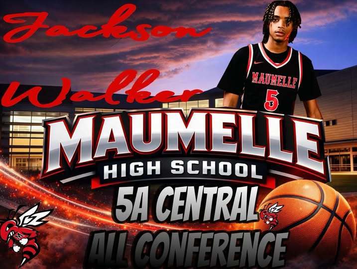 A Maumelle High School basketball graphic featuring junior Jackson Walker in a black jersey. Text recognizes him as 5A Central All Conference. The background includes the school building at sunset, a basketball, and the Hornet mascot.